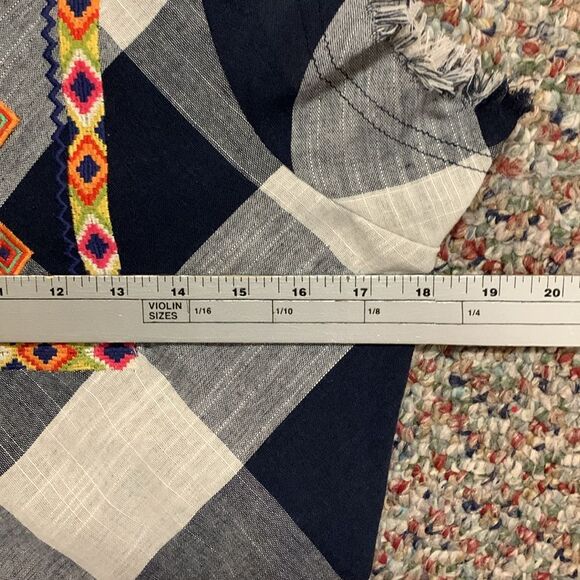 THML Navy White Large Check Frayed SS Boho Embroidered Knee Length Dress Size M - Picture 15 of 16